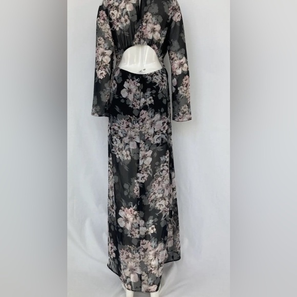 New Forever 21 Long Robe Dress Floral Black & Pink Rose Print, Open Back, Sz S - Picture 5 of 11